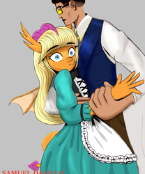 Size: 833x1000 | Tagged: safe, artist:samueldavillo, smolder, dragon, human, anthro, g4, clothes, dress, female, glasses, green dress, maid, male, shocked, smolder also dresses in style, straight, tail, wig, wings