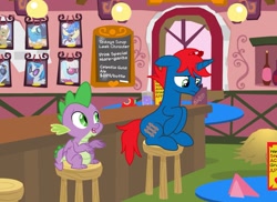 Size: 1683x1227 | Tagged: safe, artist:pixelkitties, artist:ry-bluepony1, artist:scarletwitchinfire, spike, oc, oc:train track, dragon, pony, unicorn, g4, bar, base used, hair, mane, restaurant, show accurate, stool, tail, wings