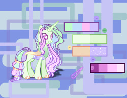 Size: 1280x995 | Tagged: safe, artist:selenavivacity, oc, oc only, oc:nature flower, changepony, hybrid, abstract background, braid, braided tail, colored pupils, female, hybrid oc, interspecies offspring, magic, magic aura, offspring, parent:princess celestia, parent:thorax, parents:thoralestia, reference sheet, shadow, solo, sparkly mane, tail