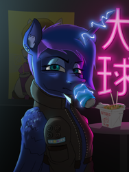 Size: 1500x2000 | Tagged: safe, artist:oldman, princess luna, spike, alicorn, pony, g4, chinese, clothes, cyberpunk, electricity, glowing, glowing horn, horn, jacket, magic, magic aura, neon, soda, solo, telekinesis