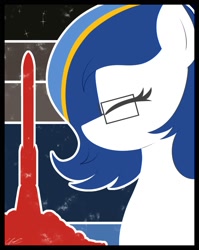 Size: 1592x2000 | Tagged: safe, artist:seafooddinner, oc, oc only, oc:ulapone, earth pony, pony, bust, earth pony oc, eyes closed, female, glasses, mare, poster, rocket, signature, solo, space, stars