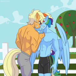Size: 2048x2048 | Tagged: safe, artist:shallowwin, applejack, rainbow dash, earth pony, pegasus, anthro, g4, abs, applejack (male), clothes, competition, field, gay, high res, male, male nipples, muscles, nipples, nudity, pants, pecs, rainbow blitz, rule 63, serious, serious face, ship:appledash, ship:blitzjack, shipping, spandex, tight clothing, wings