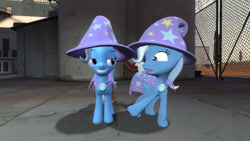 Size: 1192x670 | Tagged: safe, artist:jeffnt2208, trixie, pony, unicorn, g4, 3d, cape, clothes, duality, grin, hat, looking at each other, looking at someone, open mouth, self paradox, self ponidox, smiling, trixie's cape, trixie's hat