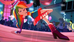 Size: 2560x1440 | Tagged: safe, screencap, aqua blossom, blueberry cake, cloudy kicks, golden hazel, heath burns, indigo wreath, mystery mint, nolan north, rainbow dash, rose heart, sophisticata, sweet leaf, teddy t. touchdown, human, eqg summertime shorts, equestria girls, raise this roof, animated, armpits, background human, balloon, bare shoulders, basketball net, belt, belt buckle, boots, breakdancing, breasts, canterlot high, clothes, cutie mark, cutie mark on clothes, dance floor, dancing, devil horn (gesture), dress, eyes closed, faic, fall formal outfits, female, fingerless gloves, gloves, male, night, open mouth, open smile, rainbow dash is best facemaker, sexy, shoes, sleeveless, smiling, smirk, smug, smugdash, solo focus, sound, speaker, spinning, strapless, suit, webm