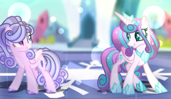 Size: 1157x669 | Tagged: safe, artist:kingbases, artist:selenavivacity, princess flurry heart, oc, oc:snow flower, alicorn, pegasus, base used, blurry background, coat markings, colored hooves, colored pupils, colored wings, crown, crystal empire, duo, duo female, female, gradient wings, heterochromia, hoof shoes, jewelry, older, older flurry heart, pegasus oc, peytral, ponytail, regalia, siblings, sisters, sparkly mane, sunshine sunshine, wings