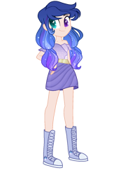 Size: 949x1276 | Tagged: safe, artist:selenavivacity, oc, oc only, oc:dimensional aura, human, equestria girls, g4, boots, bracelet, clothes, colored pupils, cutie mark on clothes, equestria girls-ified, female, heterochromia, jewelry, messy hair, offspring, parent:flash sentry, parent:twilight sparkle, parents:flashlight, simple background, skirt, solo, sparkly mane, transparent background