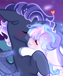 Size: 813x983 | Tagged: safe, artist:lastaimin, artist:selenavivacity, oc, oc only, oc:sapphire moon, oc:selena vivacity, alicorn, pony, alicorn oc, base used, blushing, colored hooves, heart, horn, magical lesbian spawn, night, oc x oc, offspring, offspring shipping, parent:king sombra, parent:princess luna, parent:rainbow dash, parent:twilight sparkle, parents:lumbra, parents:twidash, shipping, shooting star, sparkly mane, sparkly wings, wings