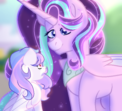 Size: 550x502 | Tagged: safe, artist:diavas, artist:selenavivacity, starlight glimmer, oc, oc:selena vivacity, alicorn, pegasus, pony, g4, alicornified, base used, blurry background, coat markings, colored pupils, colored wings, duo, duo female, ethereal mane, female, magical lesbian spawn, mare, offspring, older, older starlight glimmer, parent:rainbow dash, parent:twilight sparkle, parents:twidash, pegasus oc, peytral, race swap, smiling, starlicorn, wings, xk-class end-of-the-world scenario