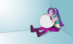 Size: 973x589 | Tagged: safe, artist:hakdurbin, aria blaze, human, equestria girls, g4, :i, alone, balloon, corner, digsuied siren, sitting