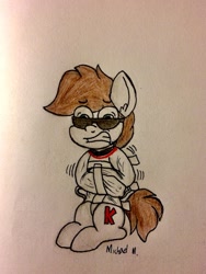 Size: 729x969 | Tagged: safe, artist:anonymous, oc, oc only, oc:ackie, earth pony, pony, bondage, gritted teeth, solo, straitjacket, struggling, sunglasses, teeth, traditional art