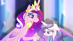 Size: 1185x675 | Tagged: safe, artist:selenavivacity, princess cadance, oc, oc:tormented crystal, alicorn, pony, unicorn, g4, blurry background, colored pupils, colored wings, comforting, concave belly, crown, duo, duo female, ethereal mane, female, floppy ears, gradient wings, horn, hug, jewelry, mare, mascara, mother and child, mother and daughter, offspring, older, older princess cadance, parent:princess cadance, parent:shining armor, parents:shiningcadance, peytral, raised hoof, regalia, shadow, slender, thin, unicorn oc, winghug, wings