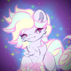 Size: 3000x3000 | Tagged: safe, artist:umbrapone, oc, oc:bass-beat, earth pony, pony, :3, bat ears, cheek fluff, chest fluff, coat markings, dappled, high res, long tail, multicolored eyes, multicolored mane, short mane, solo, sparkles, sparkly background, sparkly eyes, tail, unshorn fetlocks, wingding eyes