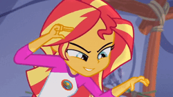 Size: 640x360 | Tagged: safe, screencap, sunset shimmer, human, equestria girls, g4, my little pony equestria girls: better together, animated, clothes, cute, eyebrows, female, finger, gif, grin, hand, hypnotic, shimmerbetes, smiling, solo