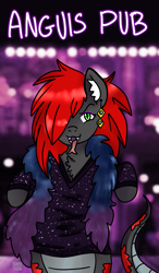 Size: 675x1154 | Tagged: safe, alternate version, artist:anykoe, oc, oc:anguis flake, lamia, original species, pony, semi-anthro, arm hooves, clothes, ear piercing, earring, feather boa, fluffy, jewelry, looking at you, monster hunter world, nightclub, nightmare anguis, piercing, solo, tongue out