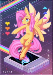 Size: 2480x3508 | Tagged: safe, artist:wavecipher, fluttershy, pegasus, pony, g4, game cartridge, high res, smiling, solo, spread wings, synthwave, wings
