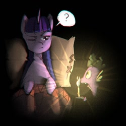 Size: 784x784 | Tagged: safe, artist:haku nichiya, spike, twilight sparkle, dragon, pony, g4, bedtime, candle, dark, night, one eye open, open mouth, pillow, question mark, sliced image