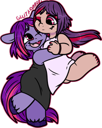 Size: 1316x1648 | Tagged: safe, artist:sexygoatgod, oc, oc only, oc:twinkle night, human, pony, anthro, adoptable, chibi, duo, fangs, female, humanized, humanized oc, simple background, transparent background