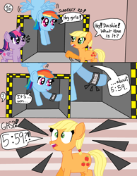 Size: 2550x3278 | Tagged: safe, artist:alyssafire, artist:nightshadowmlp, applejack, rainbow dash, twilight sparkle, comic:five am at pinkie's: the prequel, g4, comic, exclamation point, flying, hatless, high res, missing accessory, shocked