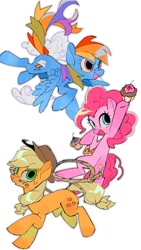 Size: 576x1024 | Tagged: safe, artist:poneko-chan, applejack, pinkie pie, rainbow dash, earth pony, pegasus, pony, g4, applejack's hat, cloud, cowboy hat, cupcake, female, flying, food, hat, mare, mouth hold, open mouth, open smile, rope, simple background, smiling, trio, white background