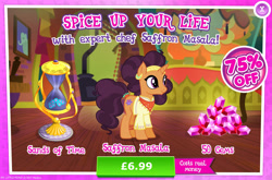 Size: 1962x1298 | Tagged: safe, gameloft, saffron masala, pony, unicorn, g4, my little pony: magic princess, advertisement, clothes, costs real money, ear piercing, earring, english, female, gem, horn, hourglass, introduction card, jewelry, leg bracelet, mare, mobile game, numbers, piercing, sale, solo, text