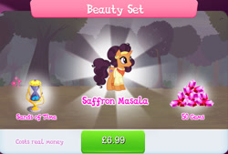 Size: 1264x856 | Tagged: safe, gameloft, saffron masala, pony, unicorn, g4, my little pony: magic princess, bundle, clothes, costs real money, ear piercing, earring, english, female, gem, horn, hourglass, jewelry, leg bracelet, mare, mobile game, numbers, piercing, sale, solo, text