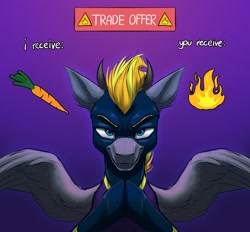 Size: 3070x2852 | Tagged: safe, artist:klarapl, oc, oc only, oc:blaze (shadowbolt), pegasus, pony, carrot, clothes, costume, fire, food, gradient background, high res, hooves together, looking at you, male, meme, pegasus oc, ponified meme, shadowbolts, shadowbolts costume, smiling, smiling at you, solo, spread wings, stallion, text, trade offer, wings