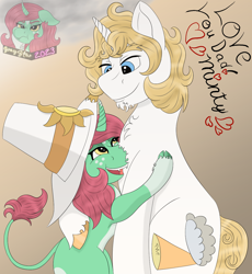 Size: 1102x1200 | Tagged: safe, artist:gray star, oc, oc only, oc:father bright, oc:minty shine (graystar), pony, unicorn, fallout equestria, fallout equestria: all things unequal, fallout equestria:all things unequal (pathfinder), father and child, father and daughter, female, filly, foal, happy, hug, male, nuzzling, redraw, smiling, stallion