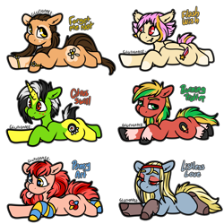 Size: 2000x2000 | Tagged: safe, artist:sexygoatgod, oc, oc only, oc:burning trotter, oc:citrus swirl, oc:flash wish, oc:forget me not, oc:listless love, oc:pansy art, bat pony, earth pony, pony, unicorn, adoptable, bedroom eyes, bracelet, clothes, derp, fangs, female, high res, jewelry, male, simple background, socks, stockings, striped socks, thigh highs, tired, tongue out, transparent background