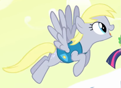 Size: 539x394 | Tagged: safe, screencap, derpy hooves, pegasus, pony, g4, season 1, winter wrap up, blue eyes, cropped, female, flying, mare, sky, solo, weather team, winter wrap up vest, wrong eye color, yellow sky