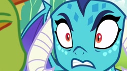 Size: 1920x1080 | Tagged: safe, screencap, princess ember, thorax, changedling, changeling, dragon, g4, season 7, triple threat, 1080p, angry, dragoness, duo, female, gritted teeth, king thorax, looking at each other, looking at someone, male, teeth