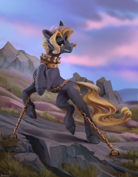 Size: 4143x5311 | Tagged: safe, artist:mithriss, oc, oc only, oc:coldstream, earth pony, pony, absurd file size, absurd resolution, bondage, chains, concave belly, crown, ear fluff, earth pony oc, evil, eyebrows, fangs, frown, gold, grass, gritted teeth, hoof fluff, hooves, jewelry, leg fluff, looking at you, male, raised leg, regalia, rock, signature, slender, solo, stallion, sunset, teeth, thin, wasteland