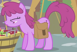 Size: 592x402 | Tagged: safe, screencap, berry punch, berryshine, earth pony, pony, call of the cutie, g4, season 1, animation error, apple, bag, cropped, female, food, mare, saddle bag, solo