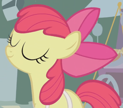 Size: 632x557 | Tagged: safe, screencap, apple bloom, earth pony, pony, call of the cutie, g4, season 1, animation error, apple bloom's bow, apron, bow, clothes, cropped, eyes closed, female, filly, foal, hair bow, solo