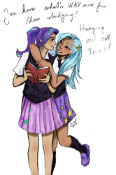 Size: 841x1270 | Tagged: safe, artist:elisdoominika, starlight glimmer, trixie, human, g4, book, clothes, female, hug, hug from behind, humanized, kneesocks, lesbian, looking at each other, looking at someone, one leg raised, school uniform, ship:startrix, shipping, simple background, skirt, smiling, smiling at each other, socks, tan skin, text, transparent background