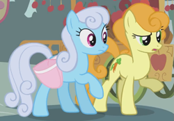 Size: 615x429 | Tagged: safe, screencap, carrot top, golden harvest, linky, shoeshine, earth pony, pony, call of the cutie, g4, season 1, bag, confused, cropped, female, mare, ponies standing next to each other, ponyville, raised hoof, saddle bag, standing