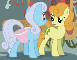 Size: 563x435 | Tagged: safe, screencap, carrot top, golden harvest, linky, shoeshine, earth pony, pony, call of the cutie, g4, season 1, bag, confused, cropped, female, looking at each other, looking at someone, mare, ponies standing next to each other, ponyville, saddle bag, standing