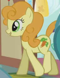 Size: 261x342 | Tagged: safe, screencap, carrot top, golden harvest, earth pony, pony, call of the cutie, g4, season 1, animation error, background pony, cropped, female, mare, solo, walking
