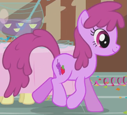 Size: 539x490 | Tagged: safe, screencap, berry punch, berryshine, earth pony, pony, call of the cutie, g4, season 1, animation error, background pony, cropped, female, mare, punch (drink), punch bowl, table, trotting, wrong eye shape