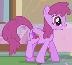 Size: 549x501 | Tagged: safe, screencap, berry punch, berryshine, earth pony, pony, call of the cutie, g4, season 1, animation error, background pony, cropped, female, mare, punch (drink), punch bowl, rug, table, walking, wrong eye shape