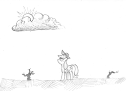 Size: 823x596 | Tagged: safe, artist:friendshipishorses, applejack, earth pony, pony, g4, applejack's hat, cloud, cowboy hat, female, hat, mare, monochrome, solo