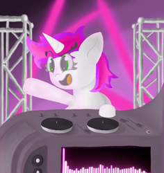 Size: 4540x4800 | Tagged: safe, artist:gean, oc, oc:gl!tter d!sk, pony, unicorn, photo, simple background, solo, speaker, turntable