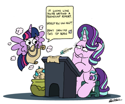 Size: 1986x1653 | Tagged: safe, artist:bobthedalek, starlight glimmer, twilight sparkle, alicorn, pony, unicorn, clippit, desk, dialogue, friendship report, glowing, glowing horn, horn, inconvenient twilight, magic, magic aura, quill, scroll, simple background, speech bubble, starlight glimmer is not amused, telekinesis, twilight sparkle (alicorn), unamused, white background