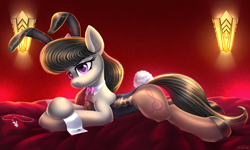 Size: 5000x3000 | Tagged: safe, artist:atlas-66, octavia melody, pony, 2023, animal costume, bed, bunny costume, bunny ears, bunny suit, bunny tail, clothes, costume, lamp, looking at you, pantyhose, playboy, playboy bunny, playpony, room, tail, year of the rabbit
