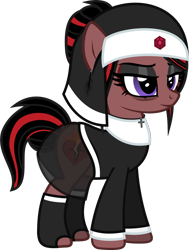 Size: 899x1192 | Tagged: safe, artist:lightningbolt, derpibooru exclusive, oc, oc only, oc:victoria anchorite, earth pony, pony, g4, .svg available, bags under eyes, bun, clothes, cross, cross necklace, ear piercing, earring, eyeshadow, feather, female, jewelry, lidded eyes, makeup, mare, necklace, nun, nun outfit, piercing, show accurate, simple background, skirt, socks, solo, standing, svg, transparent background, vector