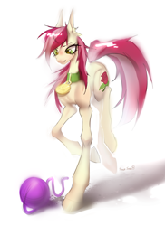 Size: 3500x4800 | Tagged: safe, artist:satan, roseluck, earth pony, pony, g4, behaving like a cat, collar, commission, commissioner:doom9454, cute, fit, muscles, pet tag, pony pet, rosepet, simple background, slender, solo, thin, white background, yarn, yarn ball