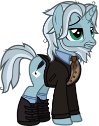 Size: 992x1262 | Tagged: safe, artist:lightningbolt, derpibooru exclusive, oc, oc only, oc:cadaverous poe, pony, unicorn, g4, .svg available, bags under eyes, beard, clothes, facial hair, horn, jacket, lidded eyes, male, messy mane, messy tail, moustache, necktie, shirt, shoes, show accurate, simple background, socks, solo, stallion, suit jacket, svg, tail, transparent background, undershirt, vector