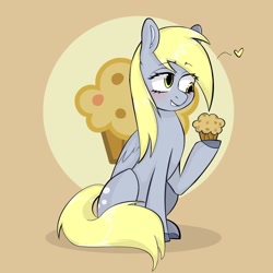 Size: 1280x1280 | Tagged: safe, artist:iggigvin69, derpy hooves, pegasus, pony, g4, floating heart, food, heart, muffin, sitting, solo, that pony sure does love muffins