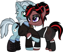 Size: 1530x1262 | Tagged: safe, artist:lightningbolt, derpibooru exclusive, oc, oc only, oc:cadaverous poe, oc:victoria anchorite, earth pony, pony, unicorn, g4, .svg available, bags under eyes, beard, bun, clothes, cross, cross necklace, duo, ear piercing, earring, eyeshadow, facial hair, feather, female, happy, holding hooves, horn, husband and wife, jewelry, lidded eyes, makeup, male, mare, married couple, messy mane, messy tail, moustache, necklace, nun, nun outfit, piercing, shipping, shoes, show accurate, simple background, skirt, socks, stallion, standing, straight, suit jacket, svg, tail, transparent background, vector