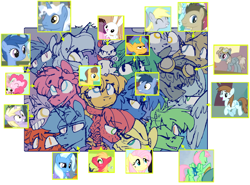 Size: 854x631 | Tagged: safe, alternate version, artist:artflicker, angel bunny, archer (character), big macintosh, blue buck, blues, caramel, deep blue, derpy hooves, dinky hooves, doctor whooves, dust devil, fluttershy, noteworthy, pinkie pie, pokey pierce, scootablue, snails, time turner, toffee, trixie, tropical storm, earth pony, pegasus, pony, unicorn, g4, angela bunny, blushing, boop, bubble berry, butterscotch, cigarette, colt, dopey hooves, female, foal, goggles, goggles on head, grin, limited palette, macareina, male, mare, melodyworth, noseboop, poppy pin, rule 63, screencap reference, sharp teeth, ship:butterreina, ship:fluttermac, shipping, simple background, smiling, smoking, spice, stallion, straight, sweat, sweatdrop, teeth, the doctoress, tristan, twerpy hooves, wavy mouth, white background