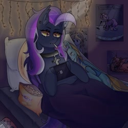 Size: 768x768 | Tagged: safe, artist:iggigvin69, oc, oc only, oc:iggi, bat pony, pony, bat pony oc, bed, body pillow, chips, choker, cigarette, food, hoof hold, implied lightning dust, in bed, iphone, poster, red eyes, smoking, solo, string lights, yellow sclera